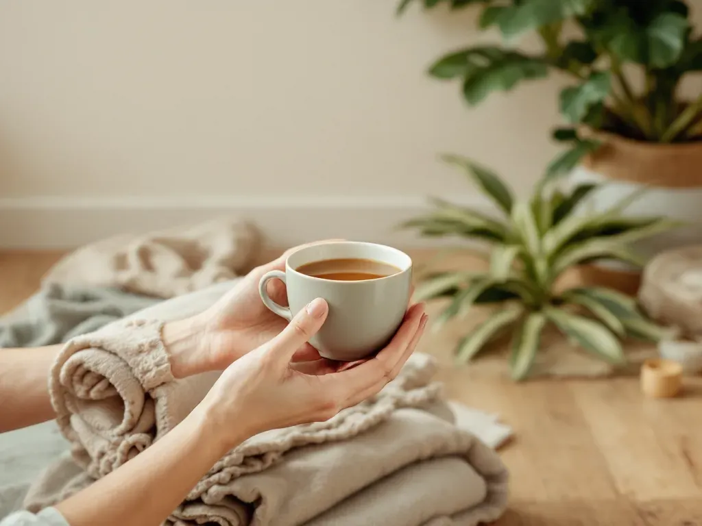 A cup of tea beside a rolled mat after a first yoga class near Athboy