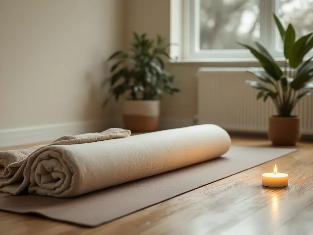 A supported restorative yoga pose with a bolster and blanket