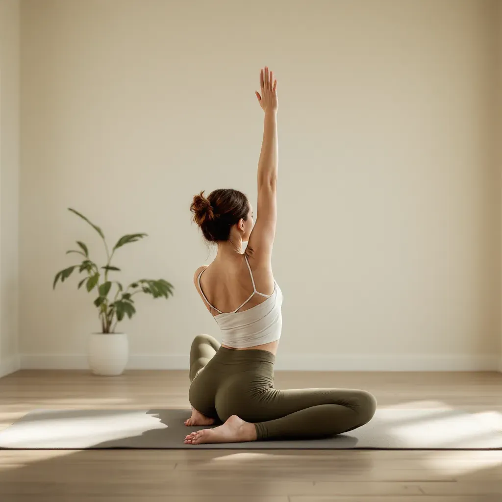 A student in a seated side stretch in a calm, cream-walled studio