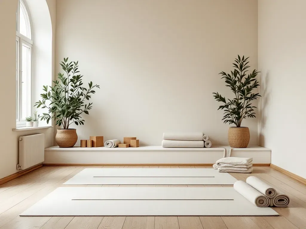 A calm, light yoga room with an arched window and mats laid out for a small class